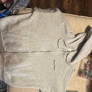 Gray Zip-Up Hoodie with Embroidered Text